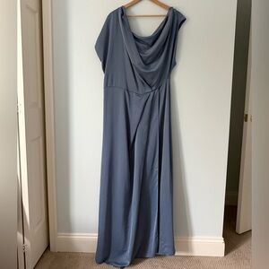 ASOS DESIGN Curve exclusive satin off shoulder high split maxi dress